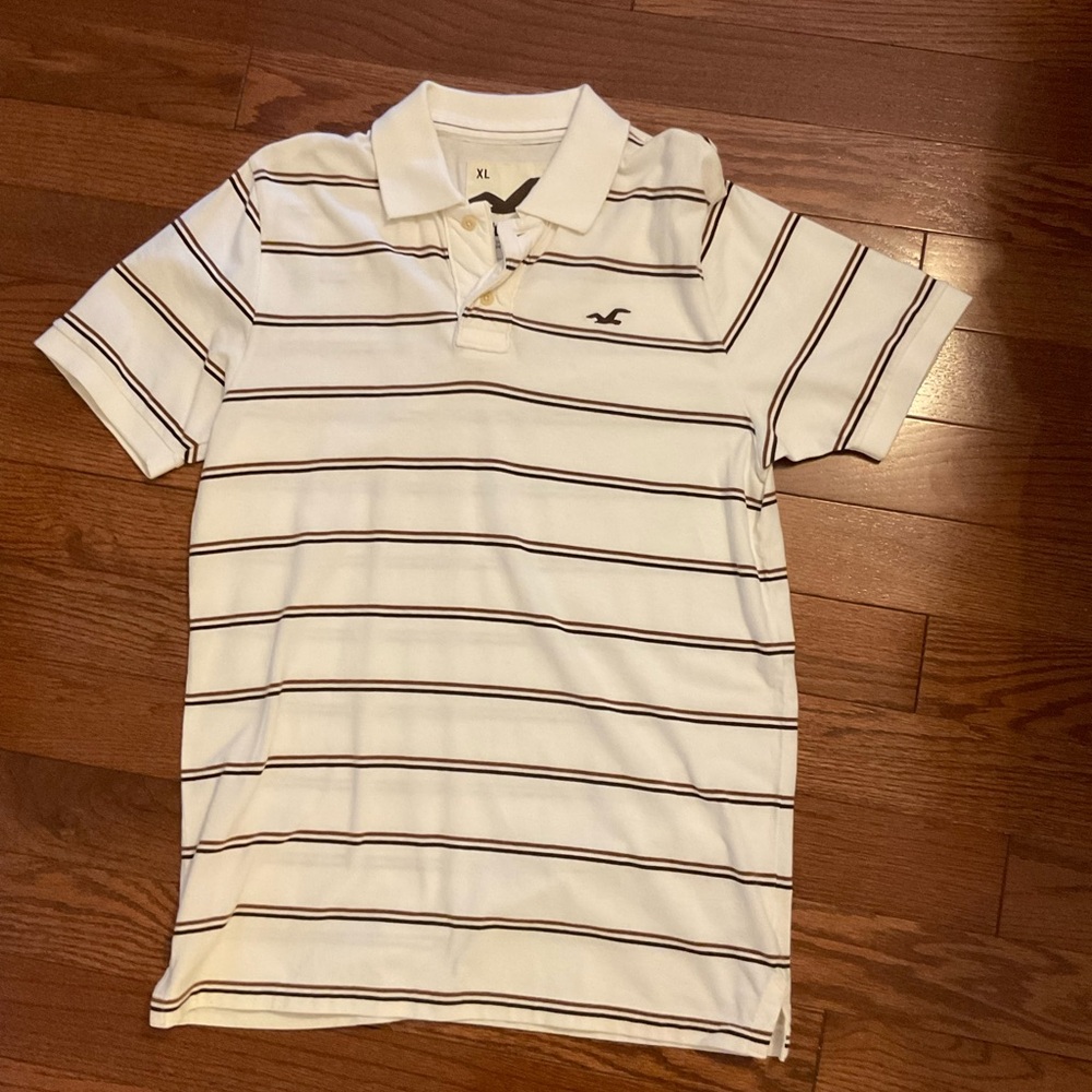 Hollister White and Brown Striped Polo Shirt